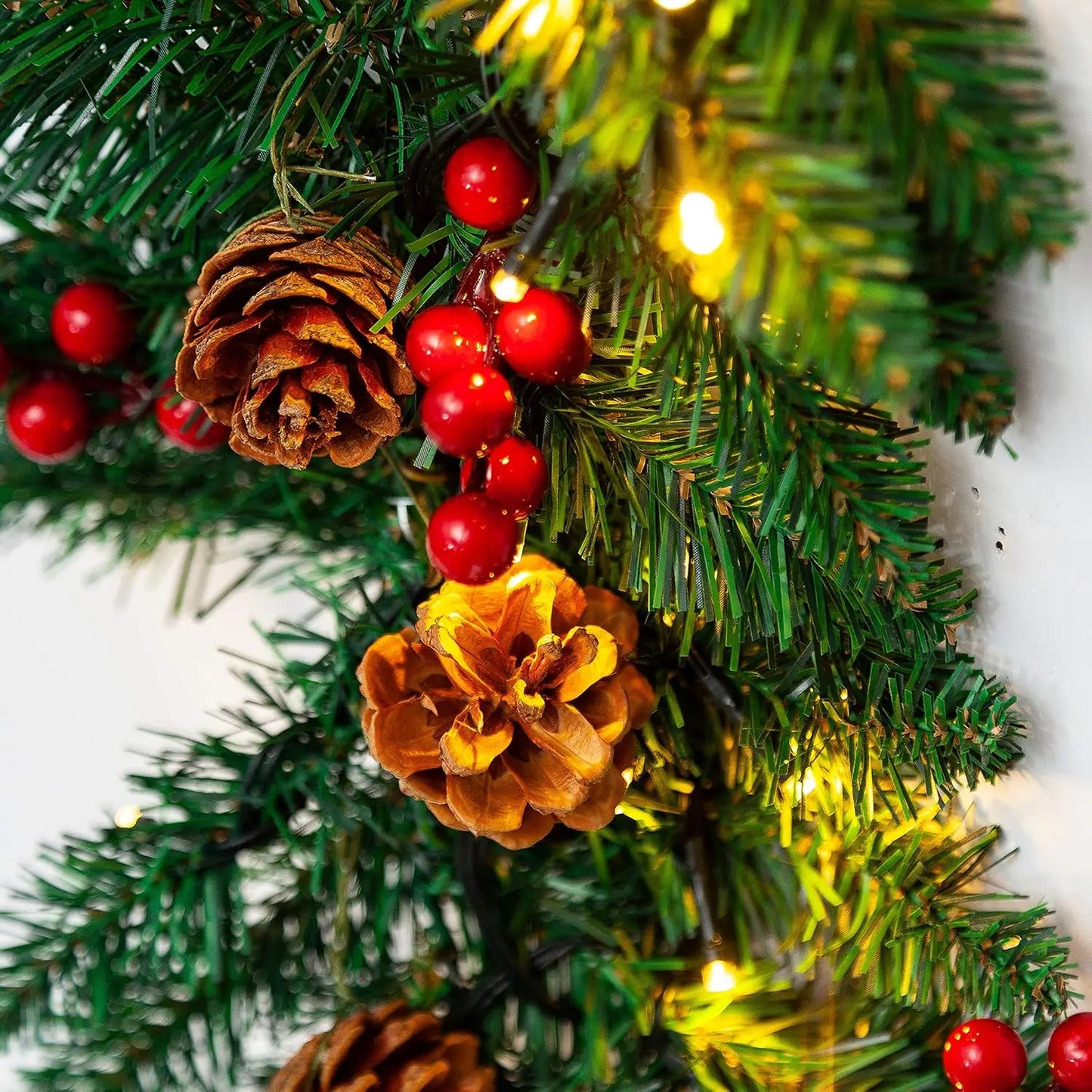 JOYFY 9Ft Artificial Christmas Garland Prelit with LED Lights 27 Pine Cones 27 Red Berries for Home Office Christmas Decorations