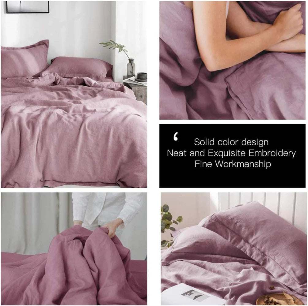 Simple&Opulent 100% Linen Bedding Set 3Pcs Washed Comforter Boho Breathable Queen King Size Duvet Cover Bed Sheet Pillow Shams