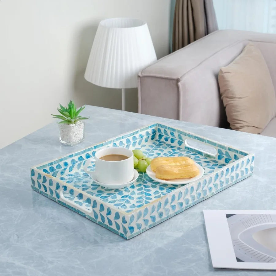 Rectangular Mother of Pearl Serving Tray Nacre Wood Lap Ottoman Tray for Coffee Table Luxury Decorative Handmade