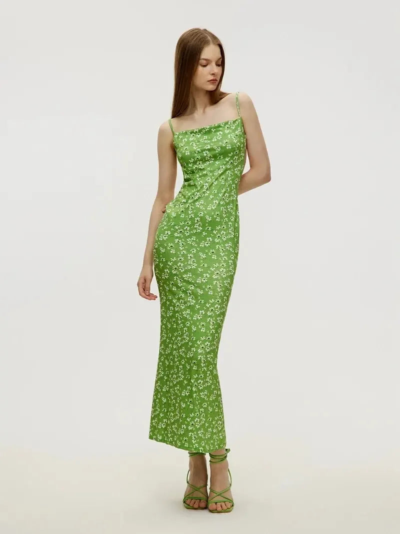 Long Floral Suspender Dress  Sexy Backless Slimming Beach Dress