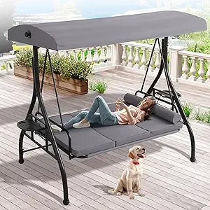 Grepatio Outdoor Porch Swing with Canopy and Stand, 3 Person Patio Swing for Adults, Convertible 2 in 1 Porch Bed Swing with Cup
