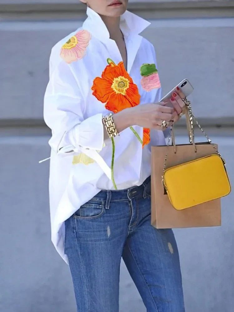 Korean Fashion Floral Printed Lapel Blouse  2025 New Autumn Flared Sleeves Buttoned Urban Casual