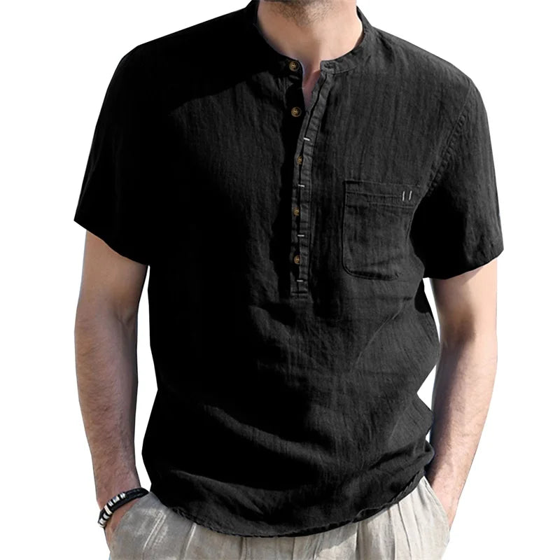 Men s Casual  Fit Short Sleeve Linen Henley Shirt