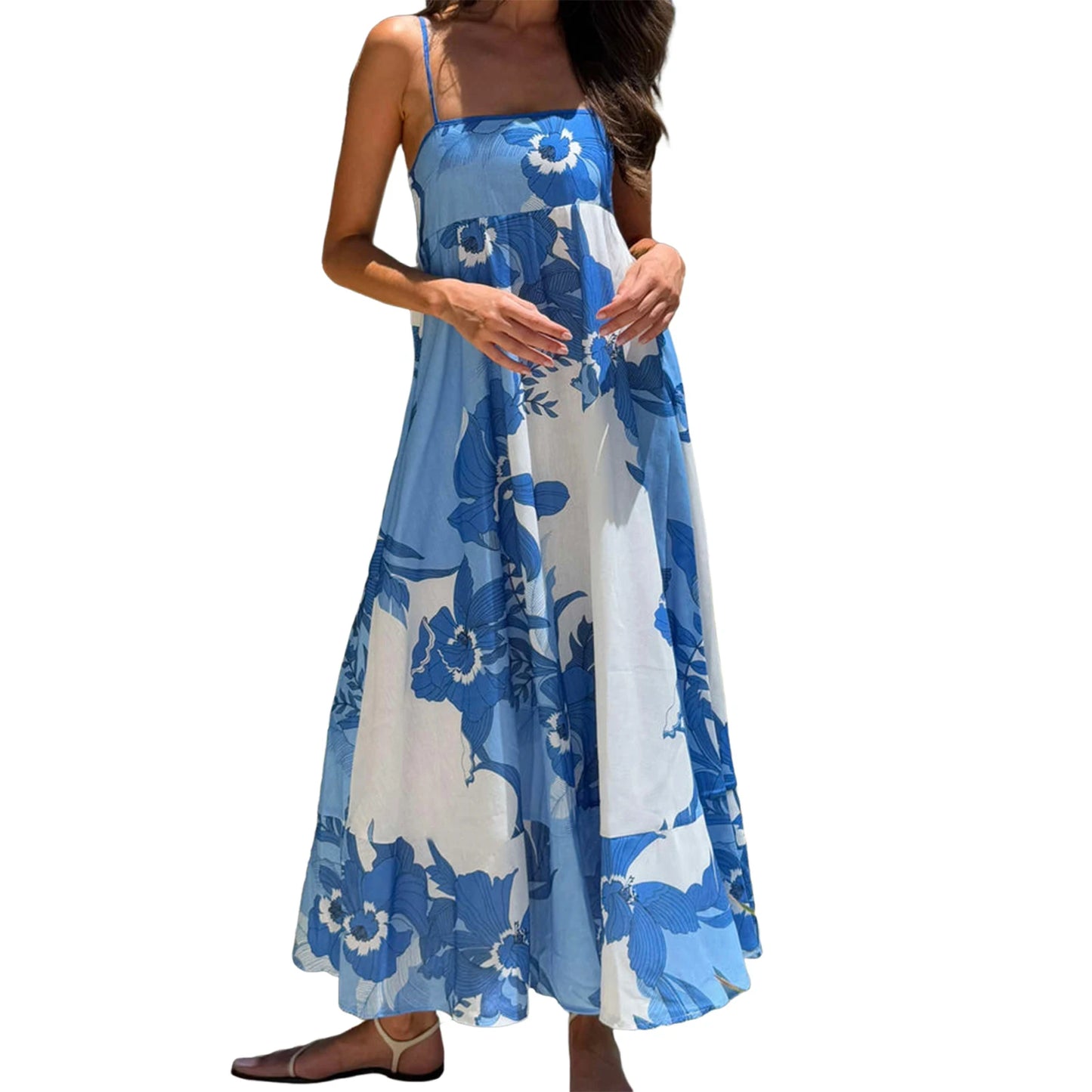 Elegant Floral Print Sleeveless Maxi Dress with Adjustable Spaghetti Straps