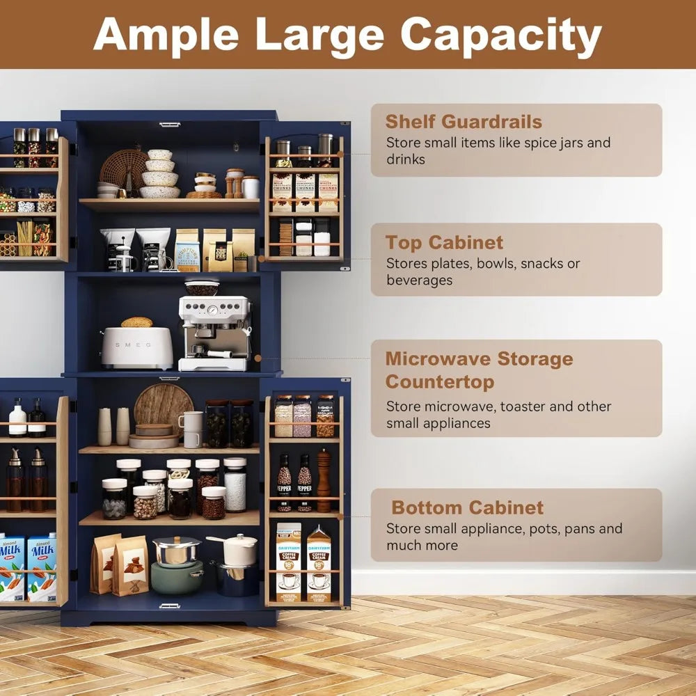 72" Kitchen Pantry Storage Cabinet, with Microwave Stand,Utility Pantry with Doors and Shelves, Freestanding Larder Cupboard