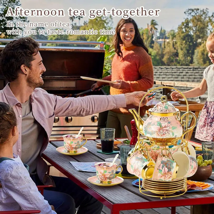 Pieces Porcelain Tea Set With Metal Holder, European Ceramic tea set for adults,Flower Tea Set,Tea Set With Flower Pai