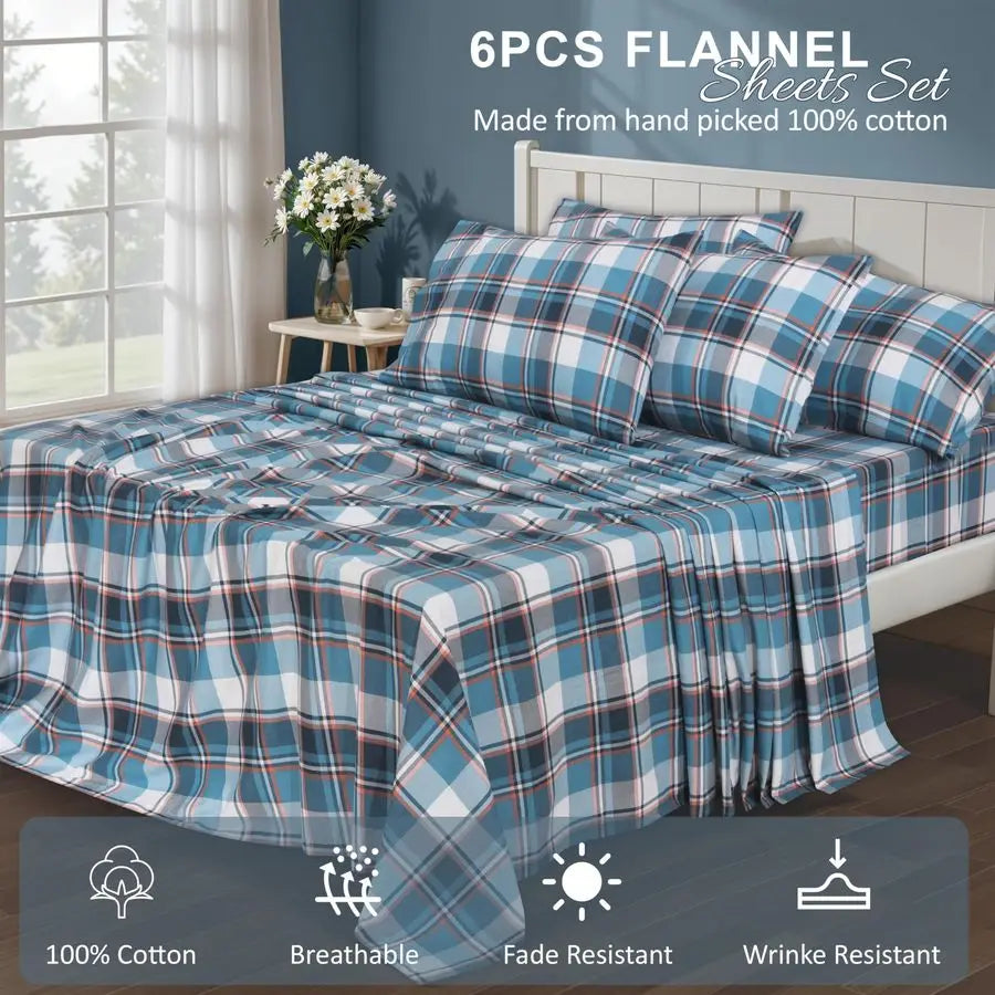 Flannel Sheets Queen Size 6 Pcs 100 Cotton Double Brushed Bed Sheets, Deep Pockets 16 Inches Queen Sheet Set, All Seasons