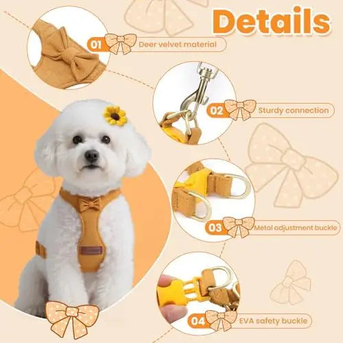 Adjustable small dog harness with leash, perfect for puppies, 1.5m, yellow, size XS.