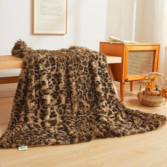 Luxury Faux Fur Leopard Print Throw Soft 50x60 Cheetah Print Fluffy Blanket Shaggy Plush Decorative