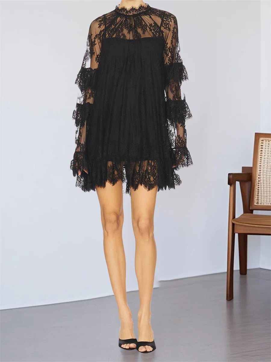 Elegant Floral Lace Dress V-Neck Long Sleeve A-Line Cocktail Dress
