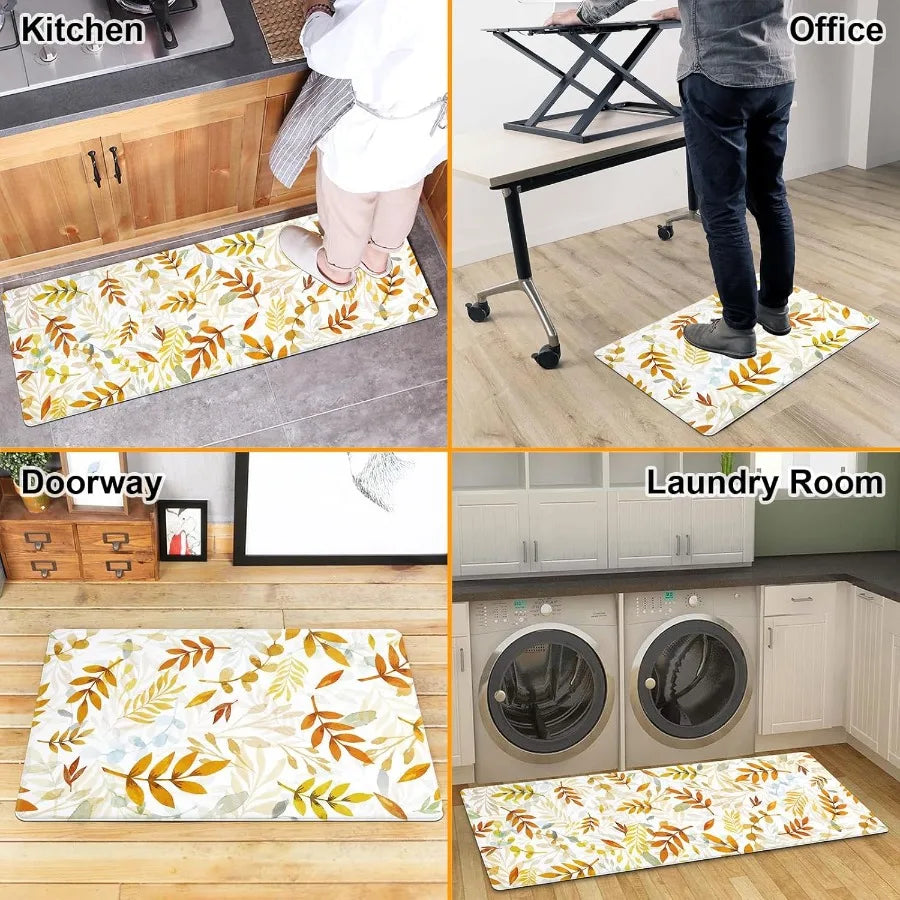 Fall Anti Fatigue Kitchen Mat 2 Pcs Autumn Yellow Orange Leaves Maple Leaf Non Slip Cushioned Kitchen Floor Mats Ergonomic