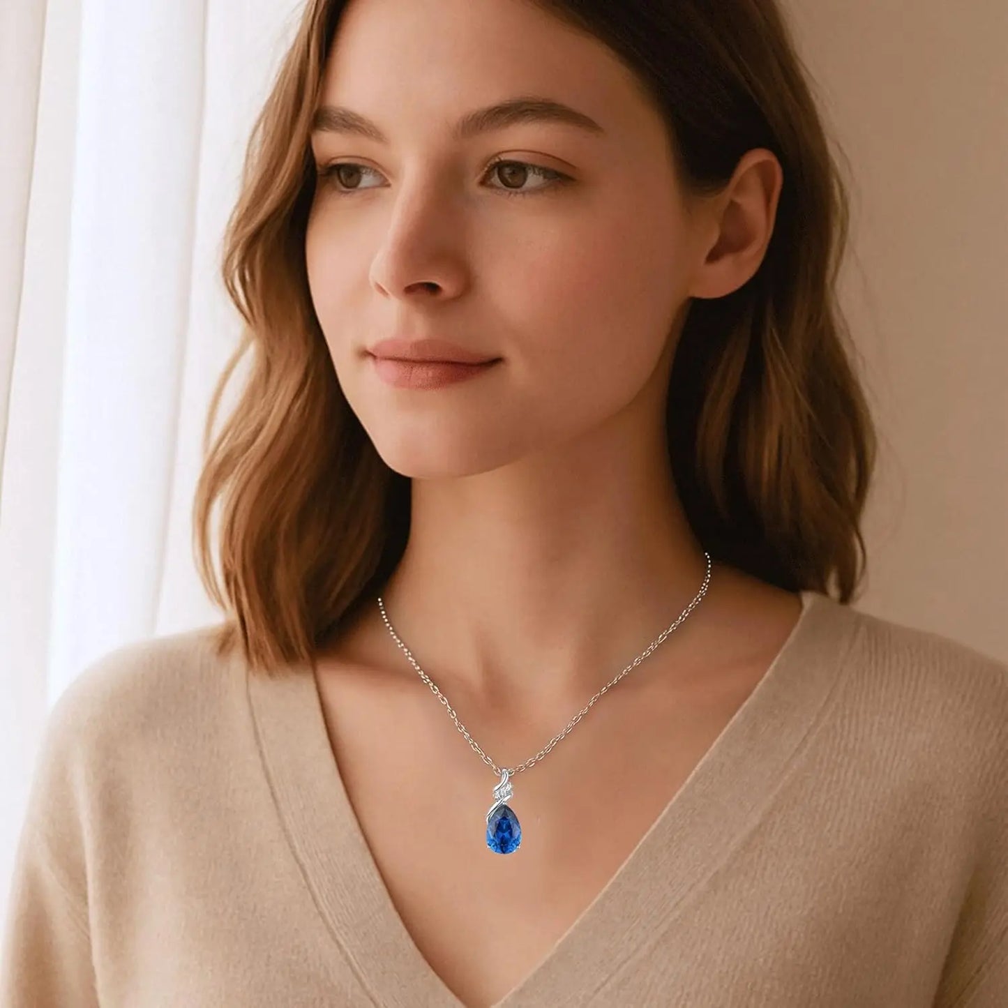 S925 Sterling Silver Teardrop Birthstone Necklace for Women | CZ Pendant Gift for Mom Wife Girlfriend