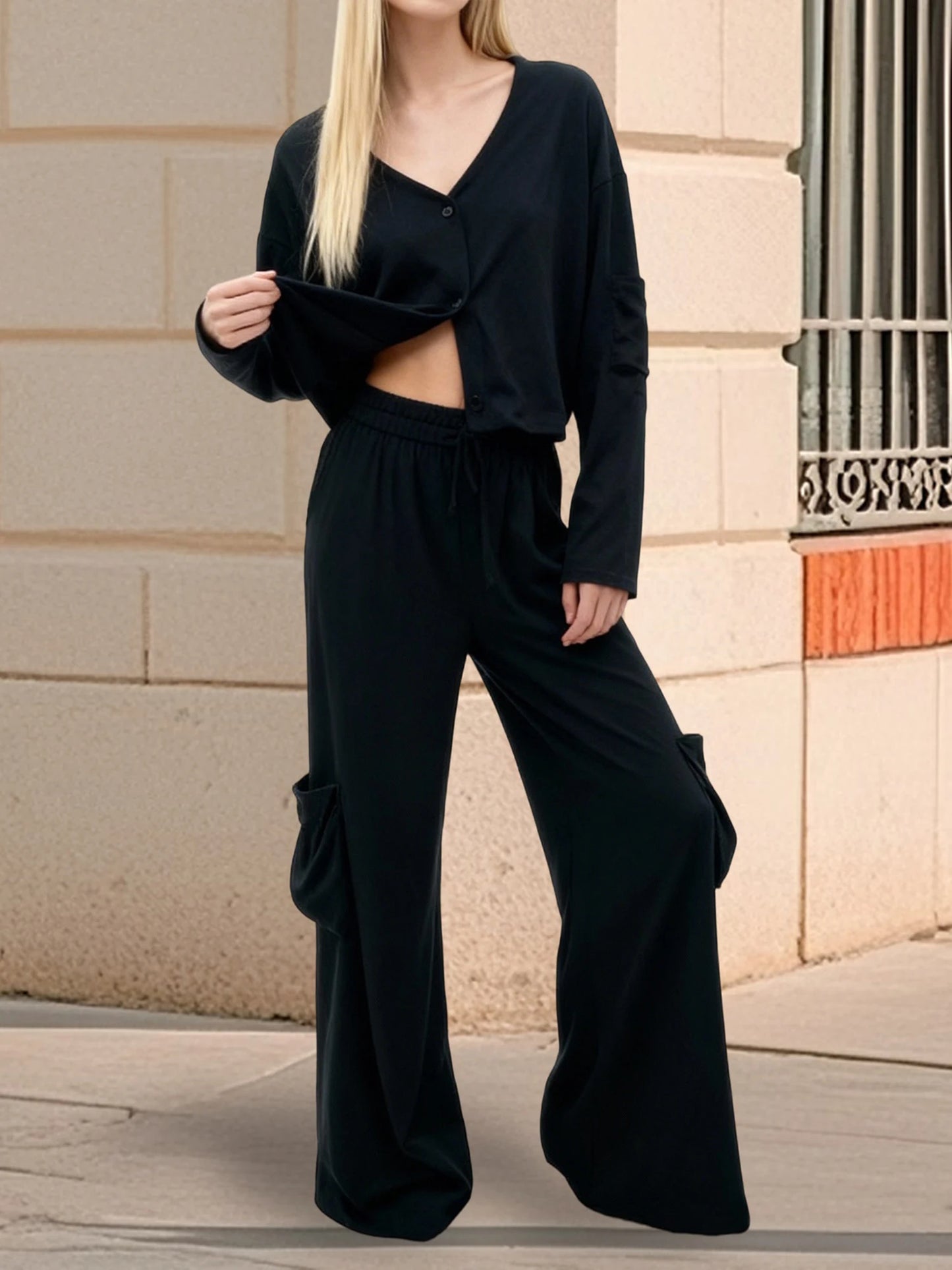 Elegant Women s Suit Stylish Blazer with Button Closure and Matching Elastic Waist Pants for a Chic 2-Piece Outfit