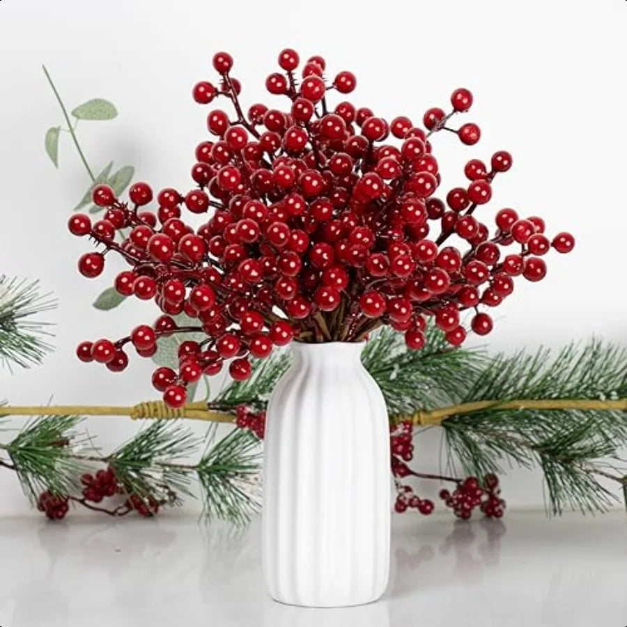 32 Pack Christmas Tree Decorations Artificial Red Berry Stems 6.5 Inch Christmas Berry Picks with Holly Berries