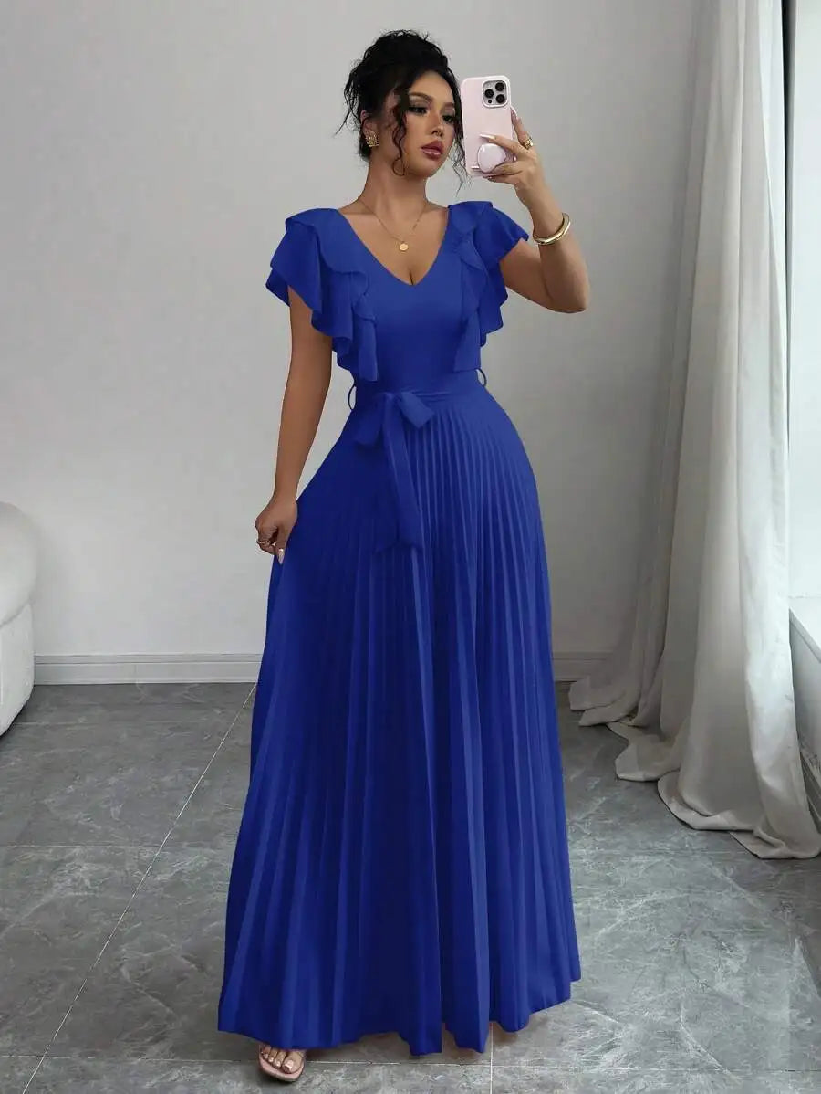 V-Neck Ruffle Sleeve Pleated A-Line Maxi Dress with Waist Tie
