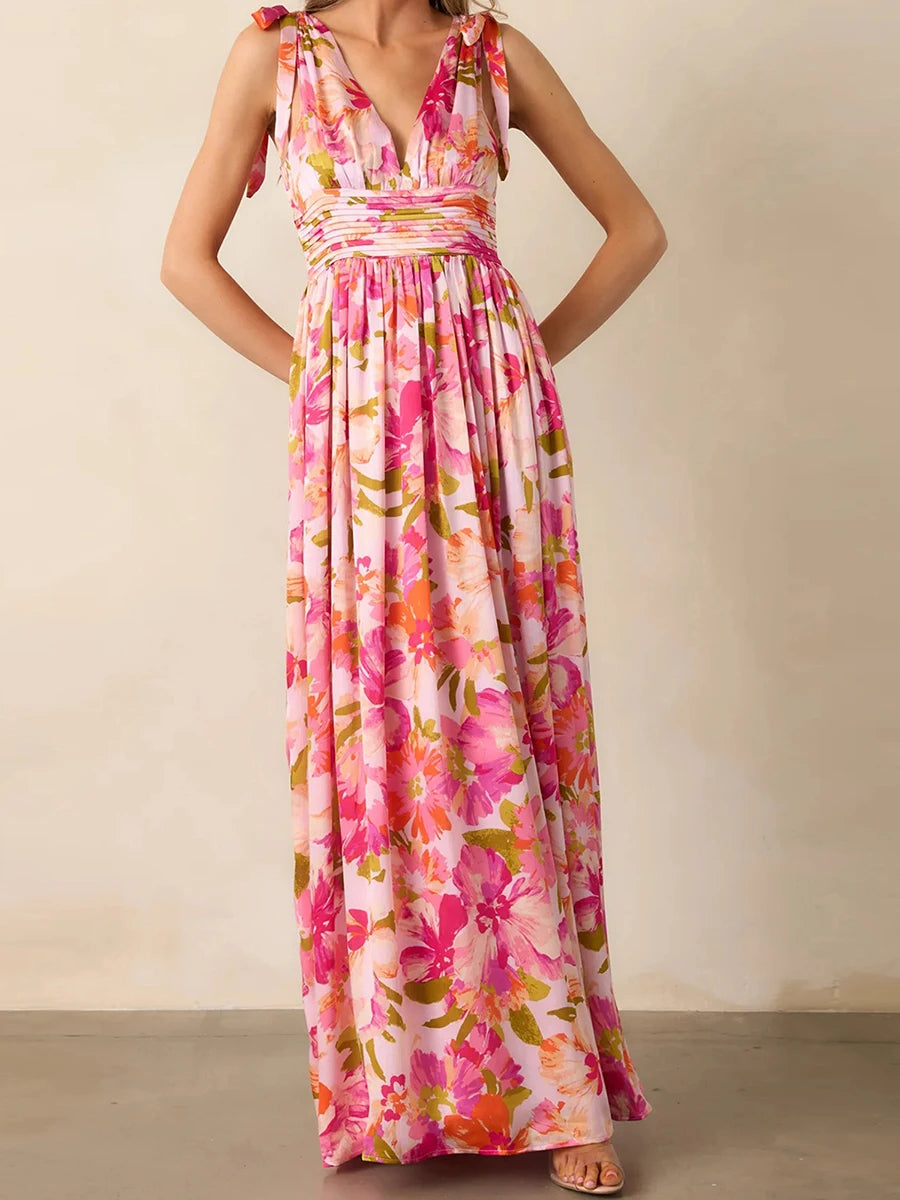 Elegant Maxi Dress with Boho Floral Print  for Summer Casual Wear