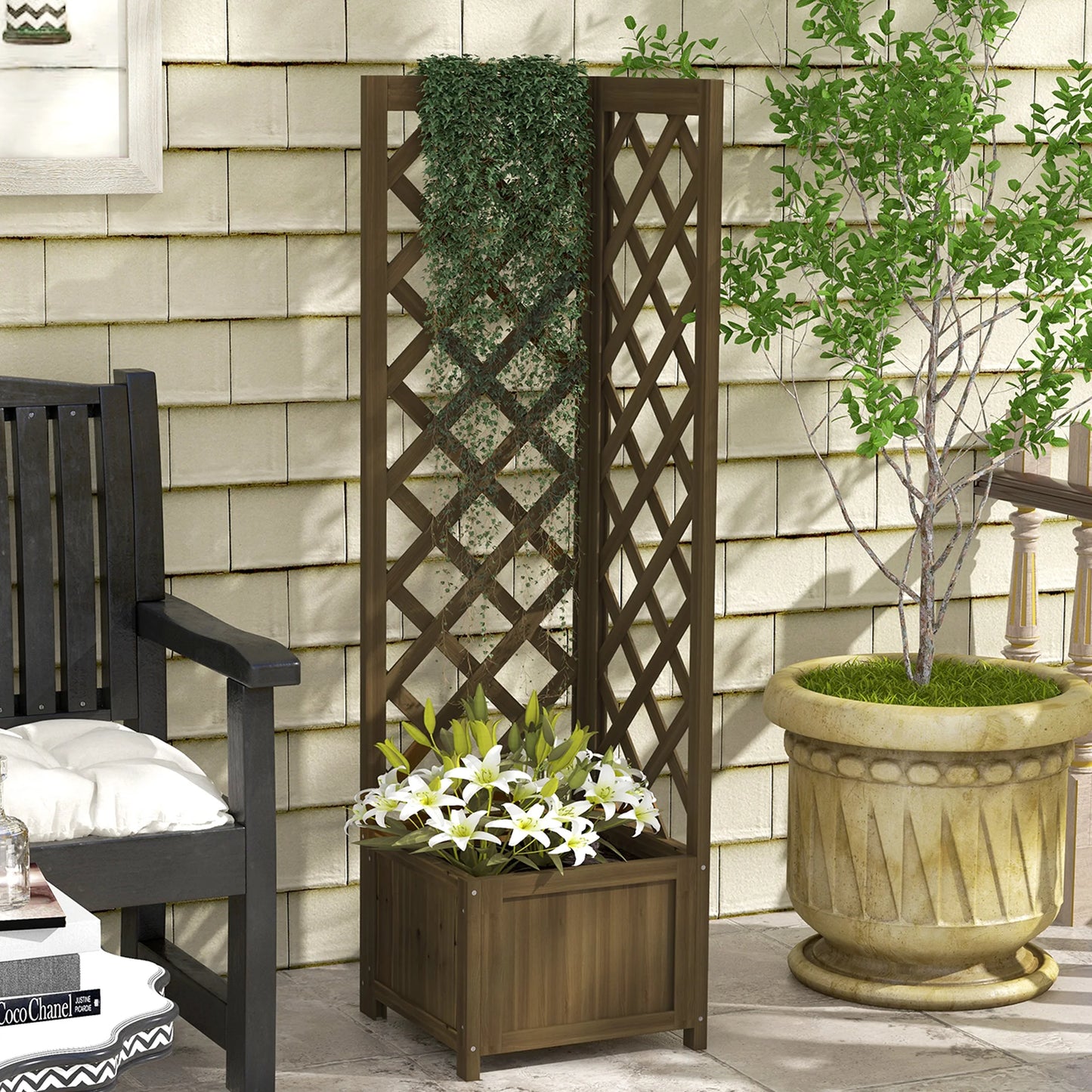 Wooden Raised Garden Bed with Trellis, 57" Freestanding Corner Planter Box