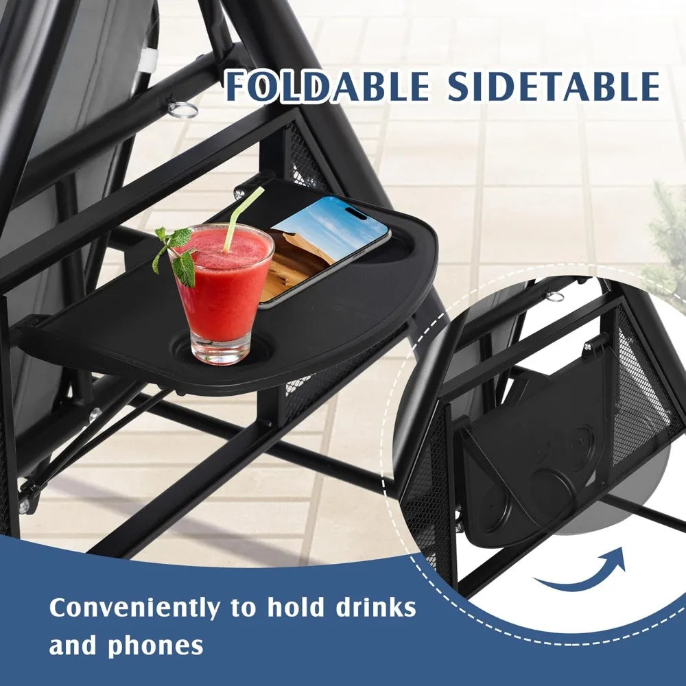 Grepatio Outdoor Porch Swing with Canopy and Stand, 3 Person Patio Swing for Adults, Convertible 2 in 1 Porch Bed Swing with Cup