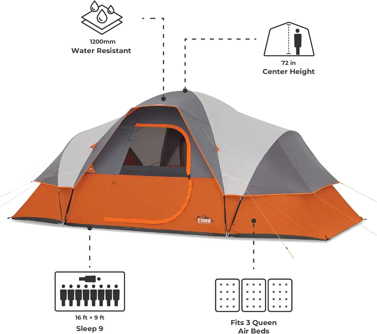 Family Camping Tent for 3-9 People, Dome Design with Gear Loft and Water-Resistant Features