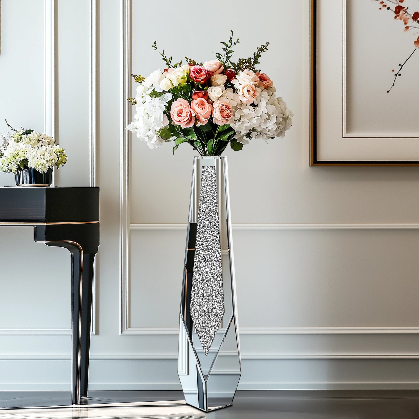 Tall Floor Mirror Vase, Large Crushed Diamond Glass Vase for Home Decor Modern Crystal Centerpiece