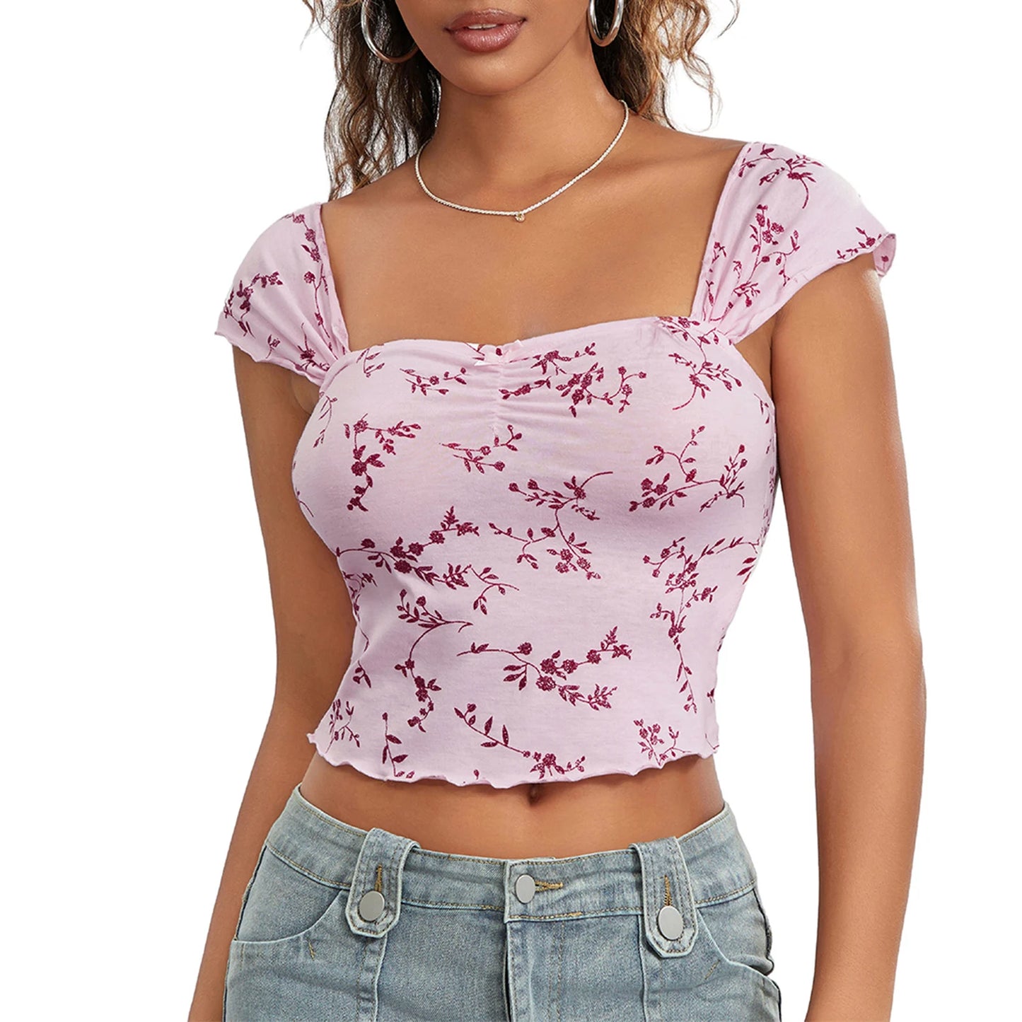 Women Crop Floral T-Shirts Summer Short Sleeve