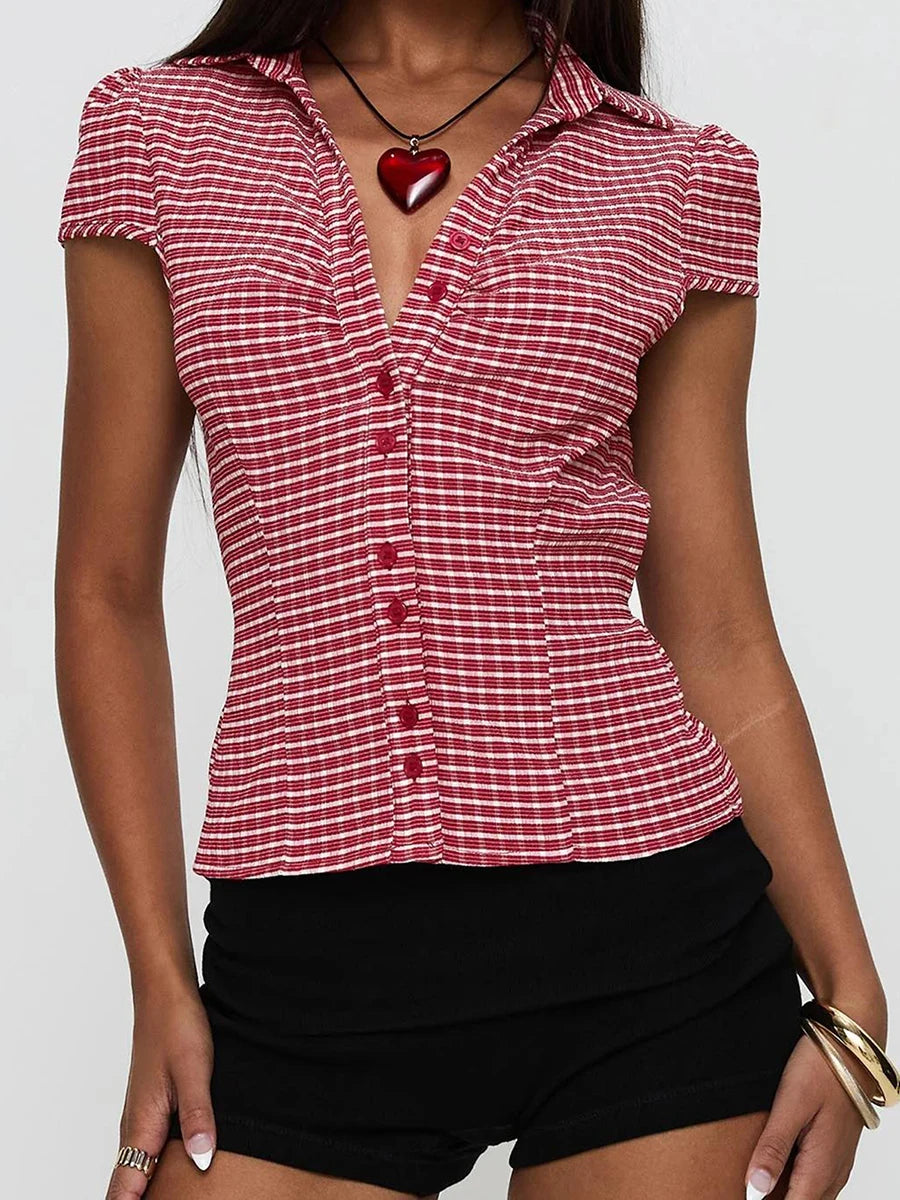 Women s Stylish Plaid Print Short Sleeve Shirt
