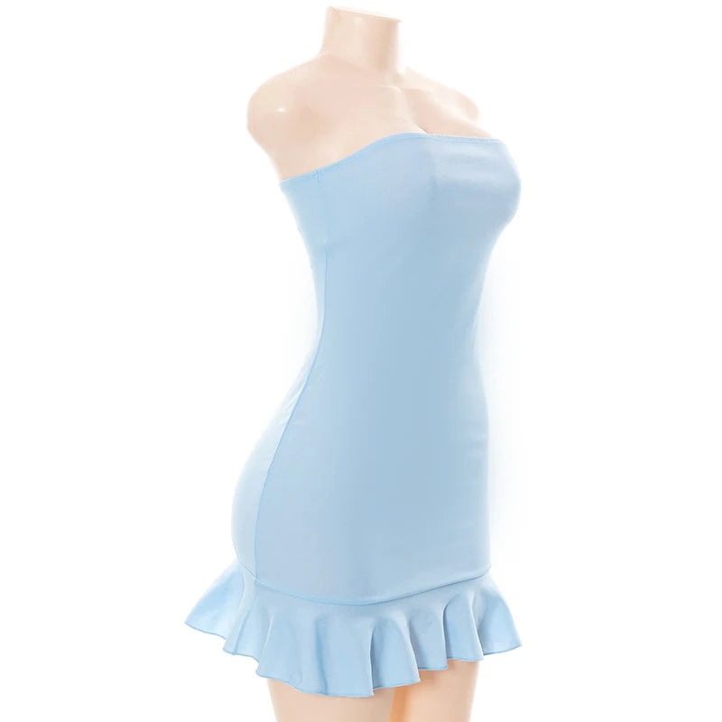 Women Soft  Blue Strapless Wrap Hipster Mini Pleated Dress Pullover Sexy Charm Outfits Girls Dating Wear