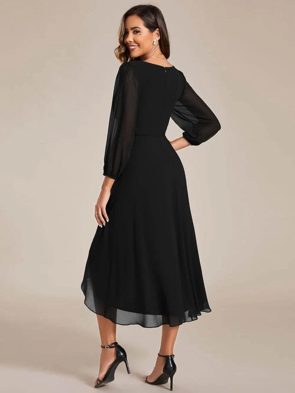 Ever-Pretty Women's Chiffon V Neck Long Sleeves Pleated A-Line Midi Length Wedding Guest Dress