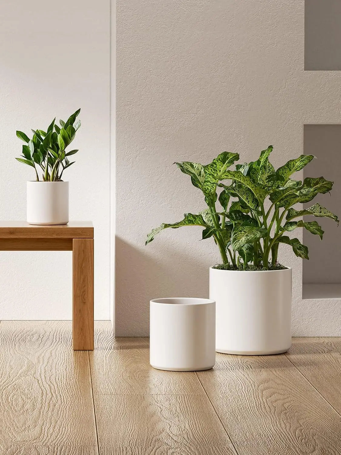 Ceramic Plant Pots Set of 3, 10+8+6 Inch Indoor Planters with Drainage Hole, White Modern Cylinder Design