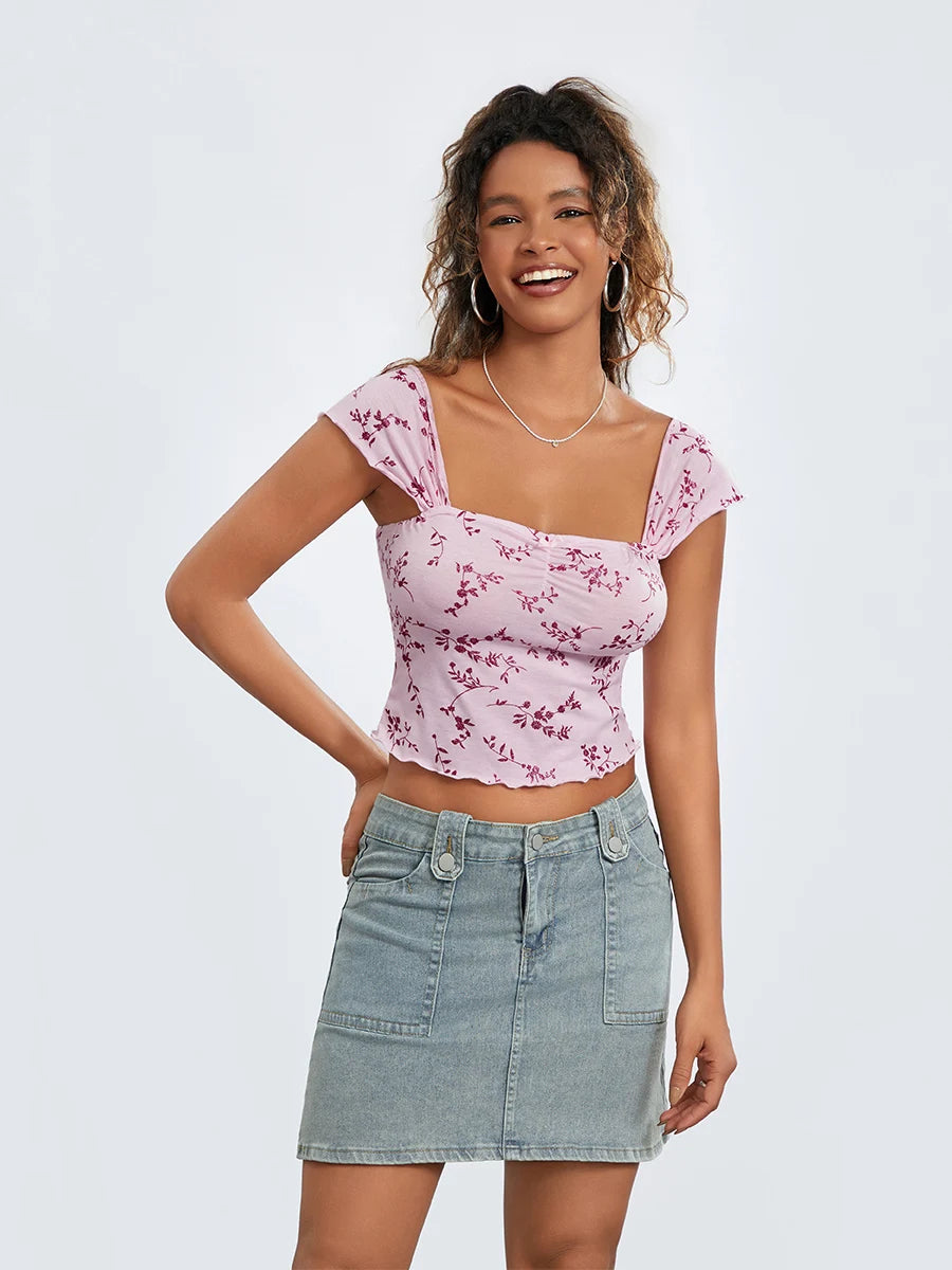 Women Crop Floral T-Shirts Summer Short Sleeve