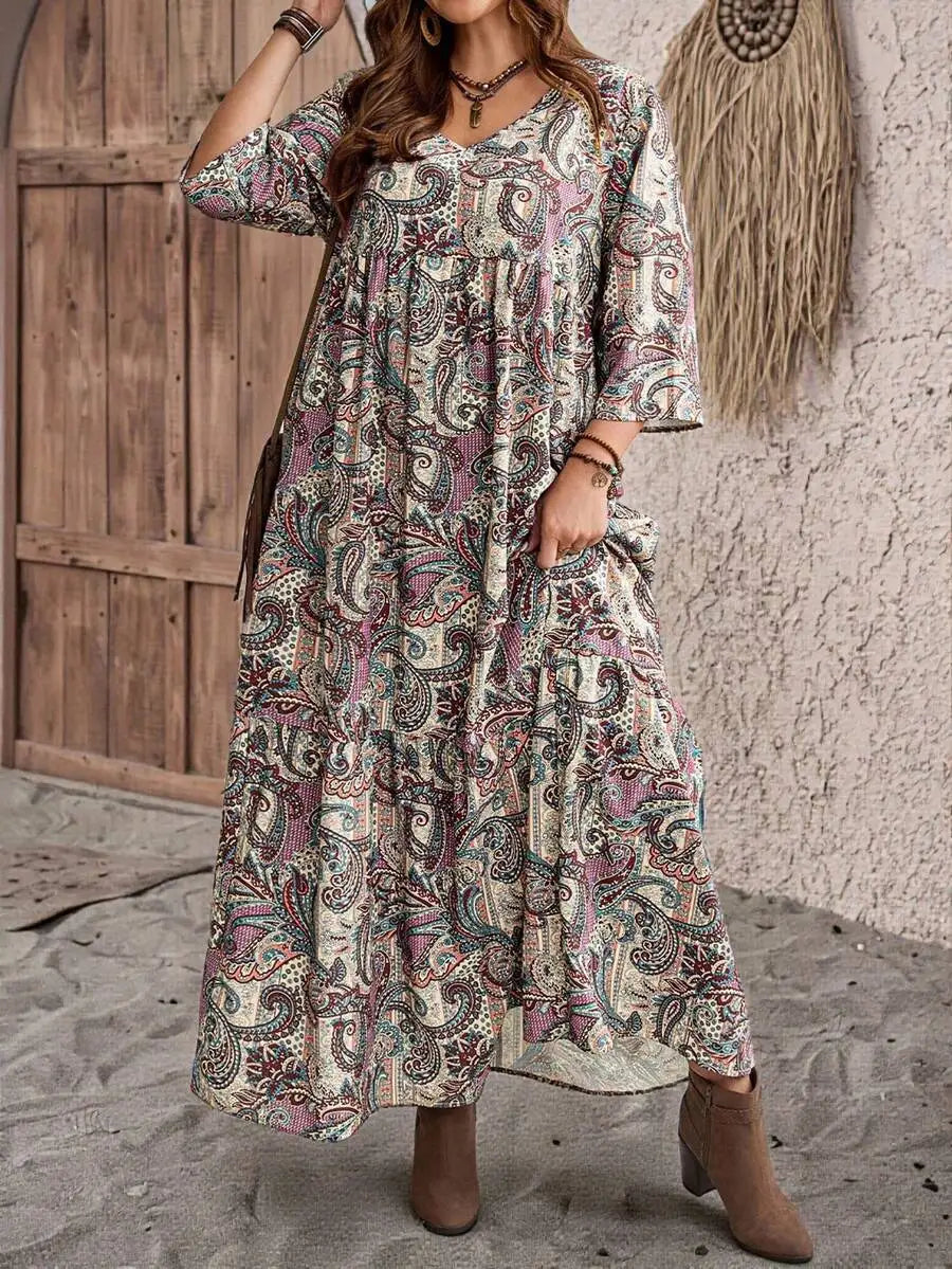 Boho Print Maxi Dress with V-Neck and 3/4 Sleeves, Loose Fit for Casual or Vacation Wear