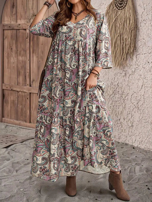 Boho Print Maxi Dress with V-Neck and 3/4 Sleeves, Loose Fit for Casual or Vacation Wear
