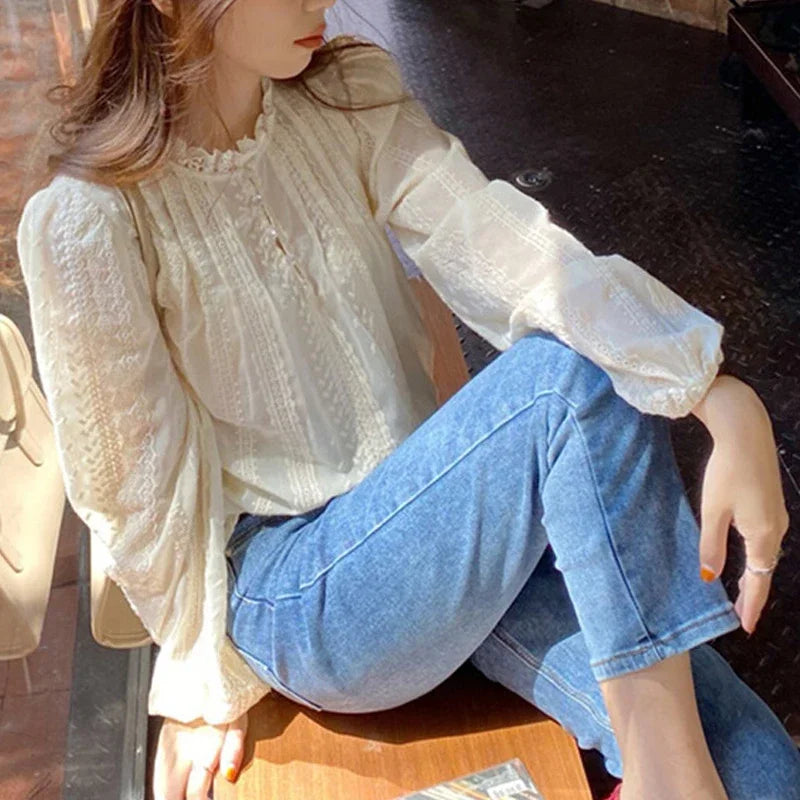 Elegant Lace Women Fashion Blouse New Spring Autumn Long Sleeve Casual Office Loose Shirt Ladies Stand Collar Simple Top Clothes