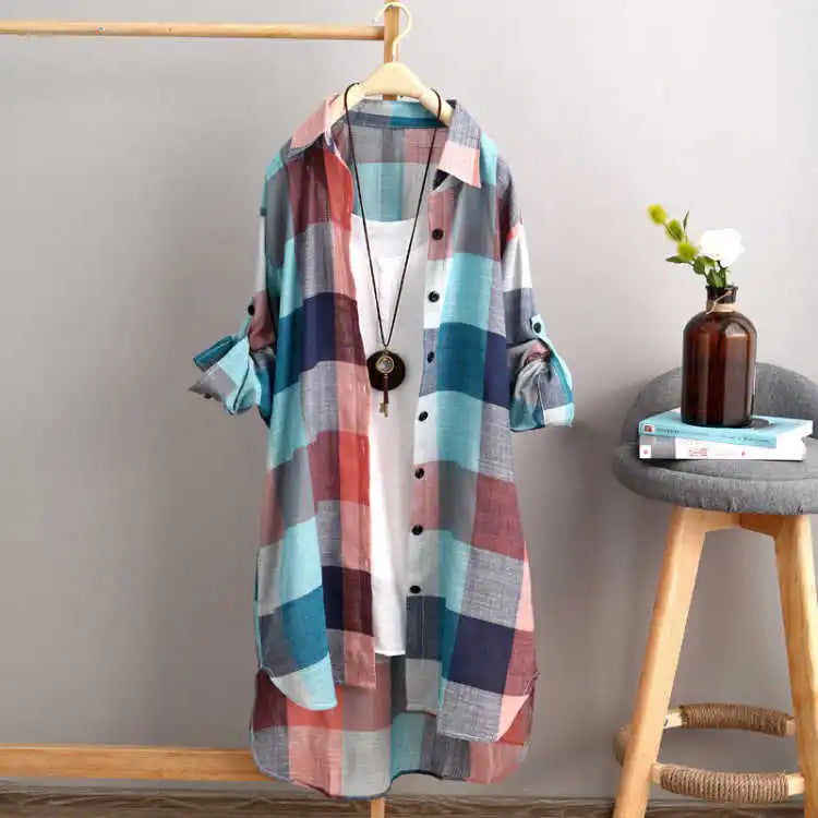 Women's Plaid Cotton Shirt Chic Blouse Elegant and Youth Women's Blouses  Korean Style
