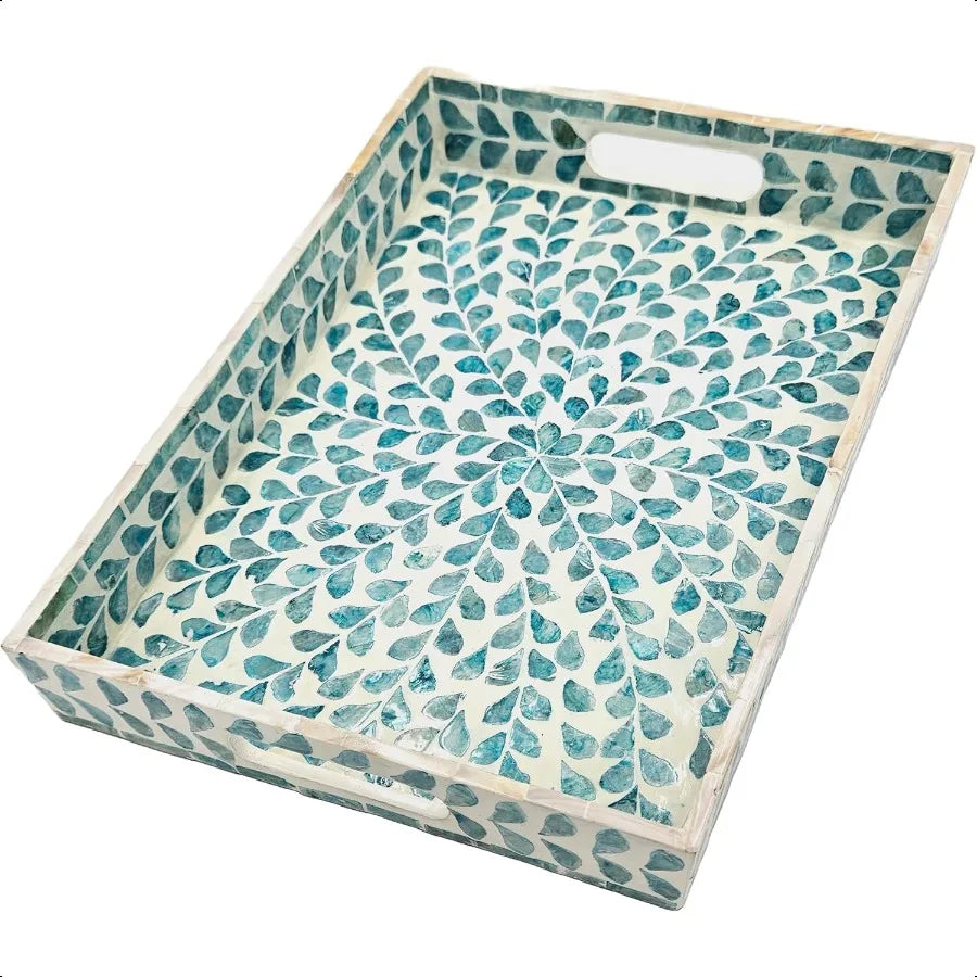 Rectangular Mother of Pearl Serving Tray Nacre Wood Lap Ottoman Tray for Coffee Table Luxury Decorative Handmade