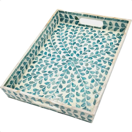 Rectangular Mother of Pearl Serving Tray Nacre Wood Lap Ottoman Tray for Coffee Table Luxury Decorative Handmade