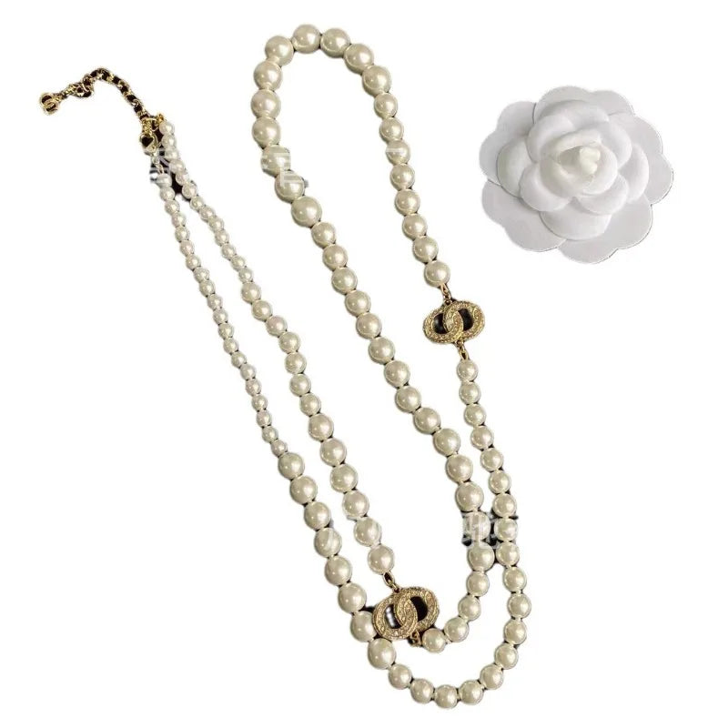 New Pearl Diamond Sweater Chain Temperament Versatile High Sense Double C Long Necklace Women