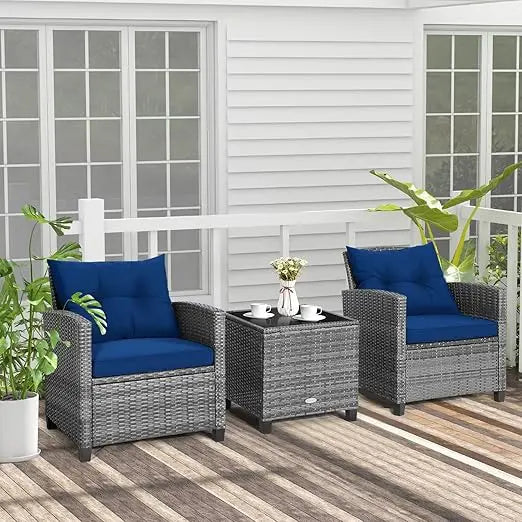 3 Pieces Patio Furniture Set Outdoor Furniture Rattan Wicker Chairs and Table Set, Washable Cushions Tempered Glass Coffee Table