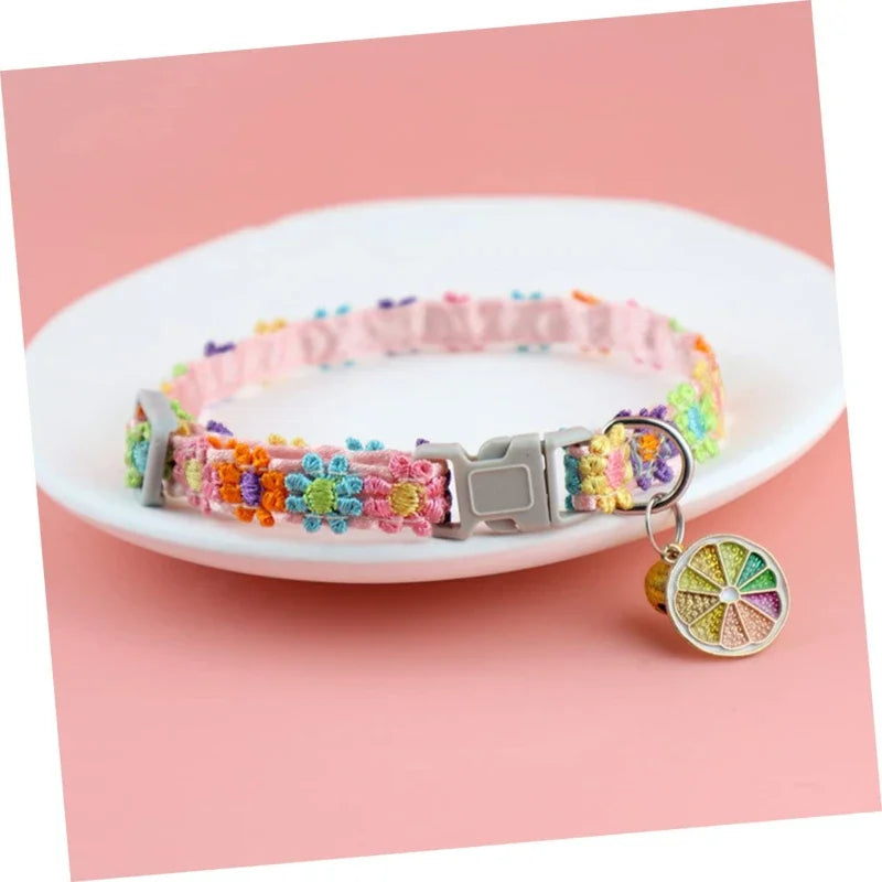 Fashion Rainbow Flower Cat Collar With Bell Kitten Puppy Necklace Adjustable Buckle Lace Kitten Collar Dog Accessories