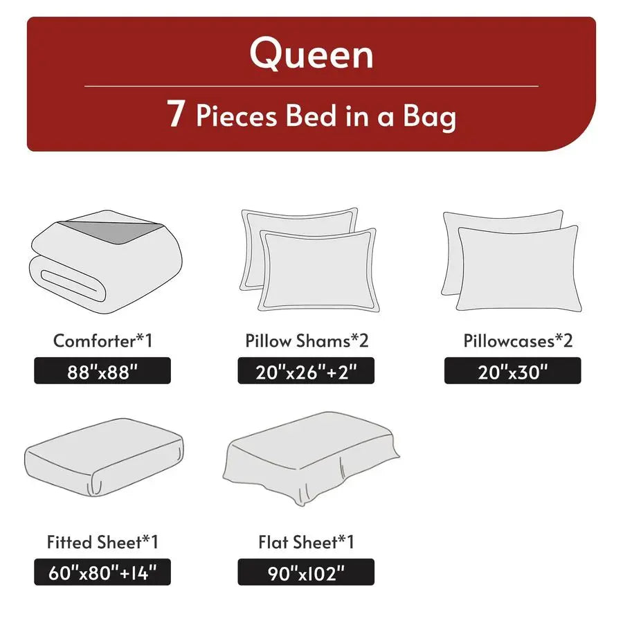 7 Pieces Queen Comforter Set, Reversible Bed in a Bag Queen Size, All Season Bedding Set with Comforter, Flat Sheet, Fitted Shee