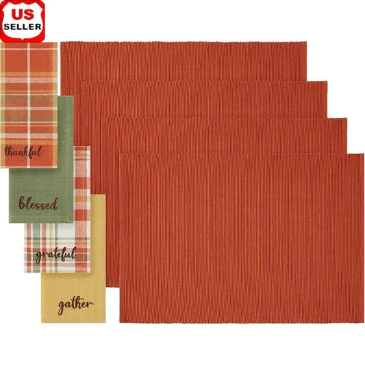 Autumn Cotton Napkin and Placemats Set 8 Pieces Thanksgiving Table Decor Ribbed Textured Cloth Easy Care