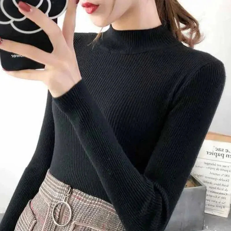 Autumn Winter Mock Neck Women Sweater Vintage Basic Solid Knitted Tops Casual Slim Pullover Sweaters