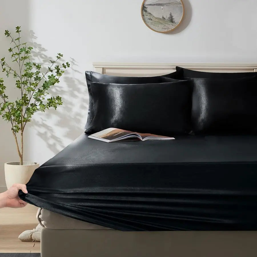 6Pcs Black Satin Duvet Cover Set Queen Size with Satin Fitted Sheet Not Comforter, Silky Comforter Cover Set Queen Duvet Covers