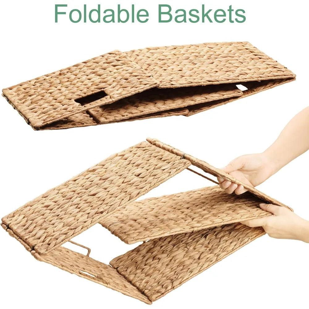 Extra Large Rectangular Water Hyacinth Wicker Storage Baskets with Iron Wire Frame, 16.1x12.6x9.5, Natural, Set of 4