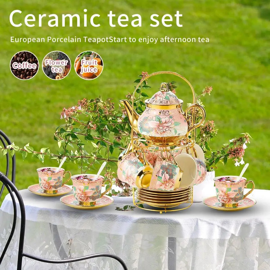 Pieces Porcelain Tea Set With Metal Holder, European Ceramic tea set for adults,Flower Tea Set,Tea Set With Flower Pai