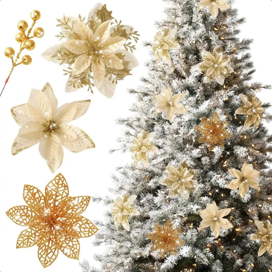 30pcs Poinsettia Artificial Christmas Flowers Decorations with Clips and Berry Stems Glitter Ornaments for Christmas Tree