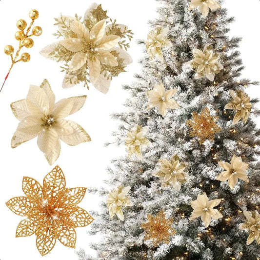 30pcs Poinsettia Artificial Christmas Flowers Decorations with Clips and Berry Stems Glitter Ornaments for Christmas Tree