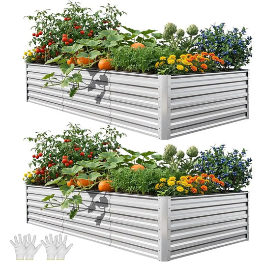 8x4x2t 2pcs Large Raised Garden Bed Kit, Galvanized Metal Planter Box with Gloves, Ground Nails & Saety Rubber, Outdoor Above Gr