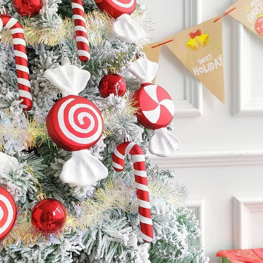 12 Pcs Christmas Candy Cane Lollipop Ornaments for Christmas Tree Decorations Red and White 6.5Inch Assorted Shapes