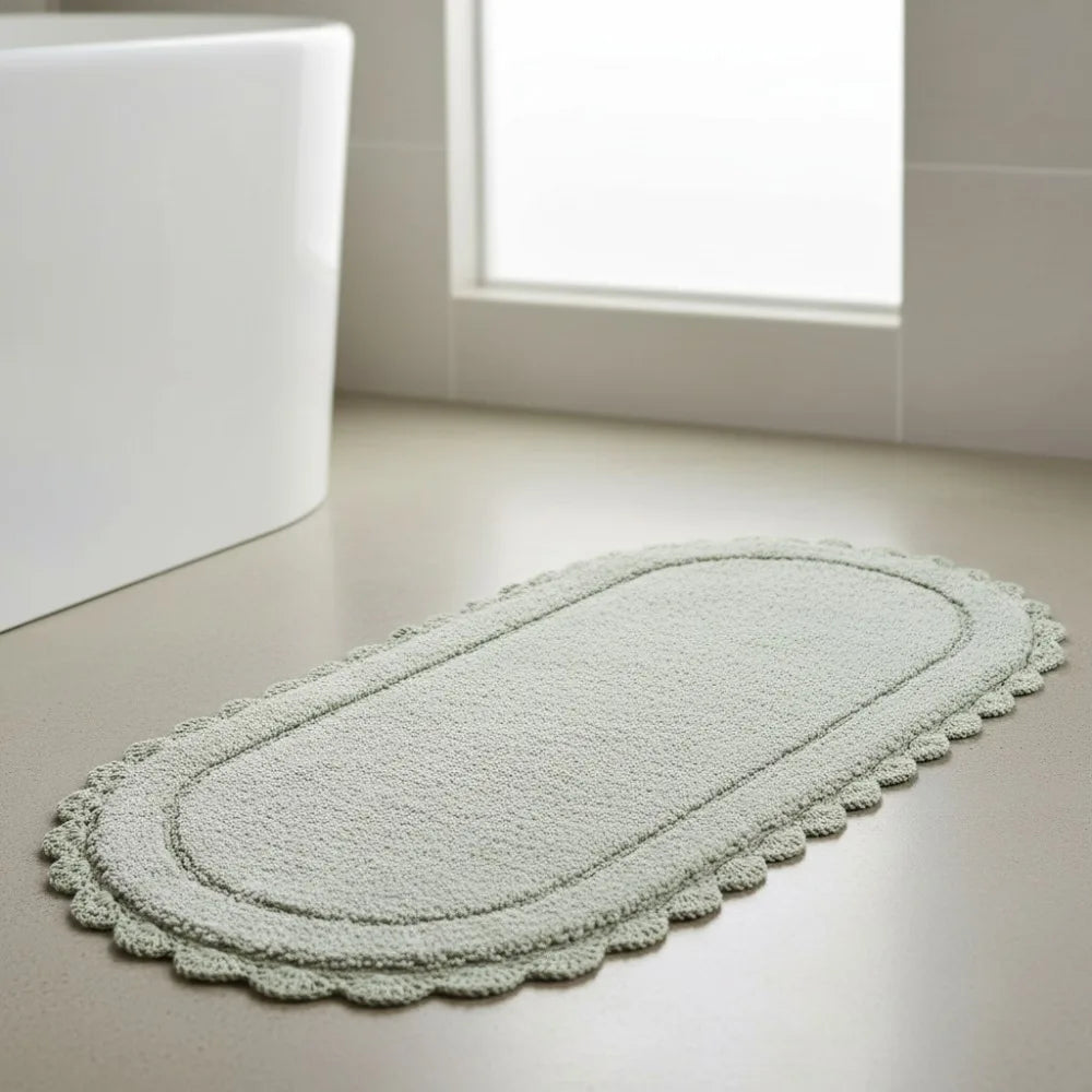 Soft 100% Cotton Oval Bath Mat with Crochet Border, Absorbent & Skid-Resistant, Sea Foam 24x60 Bathroom Rug for Elegant Home